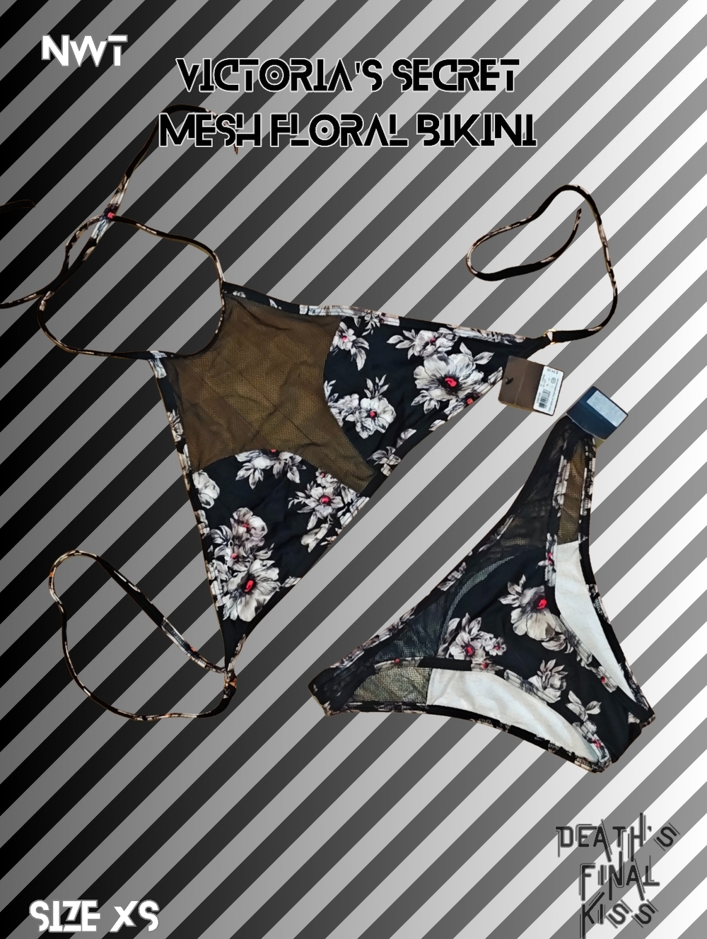 💥Victoria's Secret Black Floral High Neck Mesh Peekaboo Skimpy Cheeky Bikini XS
